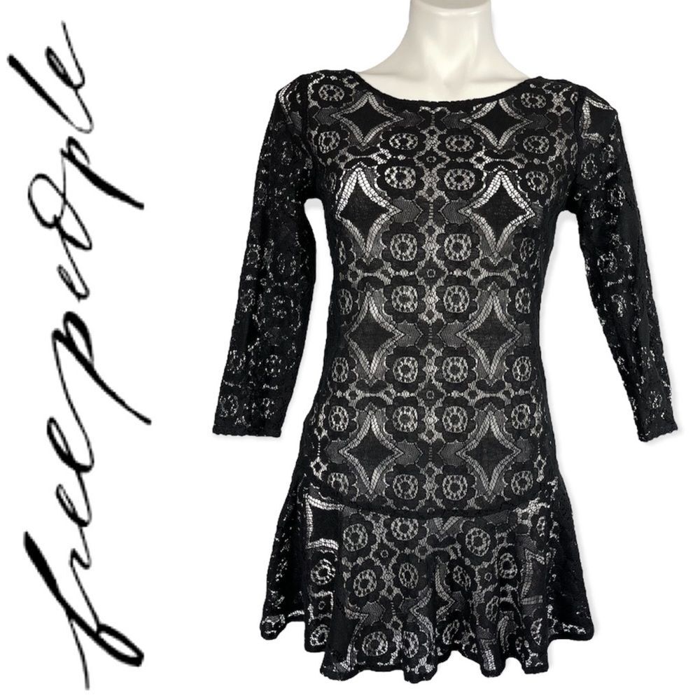 Free People Walking to the Sun Black Lace Mini Dress 0 Ruffle Sheer Tunic Top - Picture 2 of 16